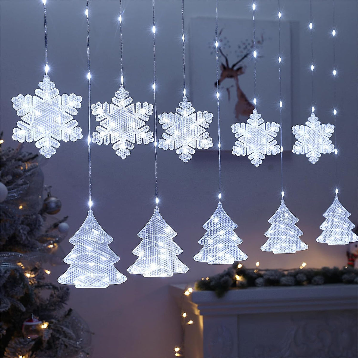 BLOOMWIN Christmas Window Lights Indoor - 2M 160 LED Christmas Window Decorations, Snowflake Curtain Hanging Fairy String Icicle Lights for Xmas Noel Bedroom Holiday Home Outdoor, Cold White USB