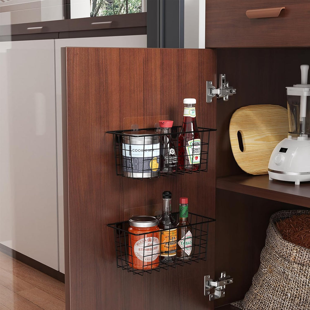 MaraFansie Hanging Kitchen Baskets Wire Storage Basket Adhesive and Screws Basket Over the Cabinet Door Organizer with Adhesive Strips and Screws Accessories, 2 Installations, 2 Pack
