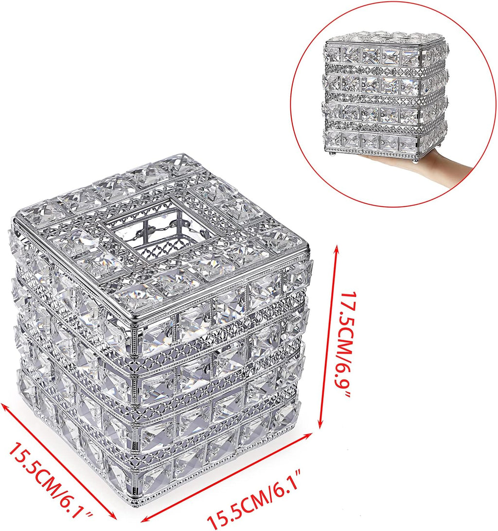 Sumnacon Crystal Square Tissue Box Cover - Sparkling Cube Glass Tissue Box Holder, Decorative Facial Tissue Holder for Bedroom Bathroom Dresser Night Stand Table Countertop Home Decor, Silver