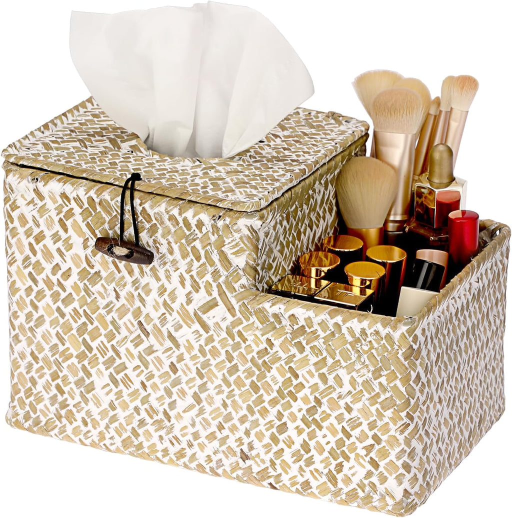 Sumnacon Tissue Box Cover Square Tissue Box Woven Seagrass Tissue Box Holder with Side Organizer, Rustic Tissue Holder for Living Room Bathroom Bedroom Kitchen Office Table Desk, White