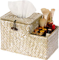 Sumnacon Tissue Box Cover Square Tissue Box Woven Seagrass Tissue Box Holder with Side Organizer, Rustic Tissue Holder for Living Room Bathroom Bedroom Kitchen Office Table Desk, White