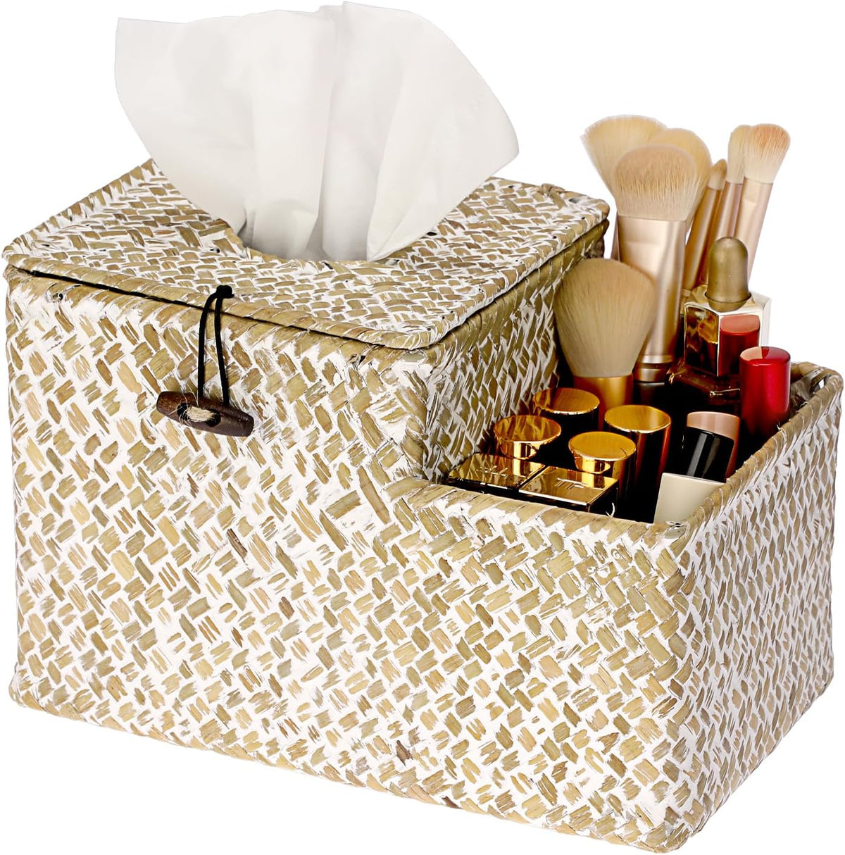 Sumnacon Tissue Box Cover Square Tissue Box Woven Seagrass Tissue Box Holder with Side Organizer, Rustic Tissue Holder for Living Room Bathroom Bedroom Kitchen Office Table Desk, White