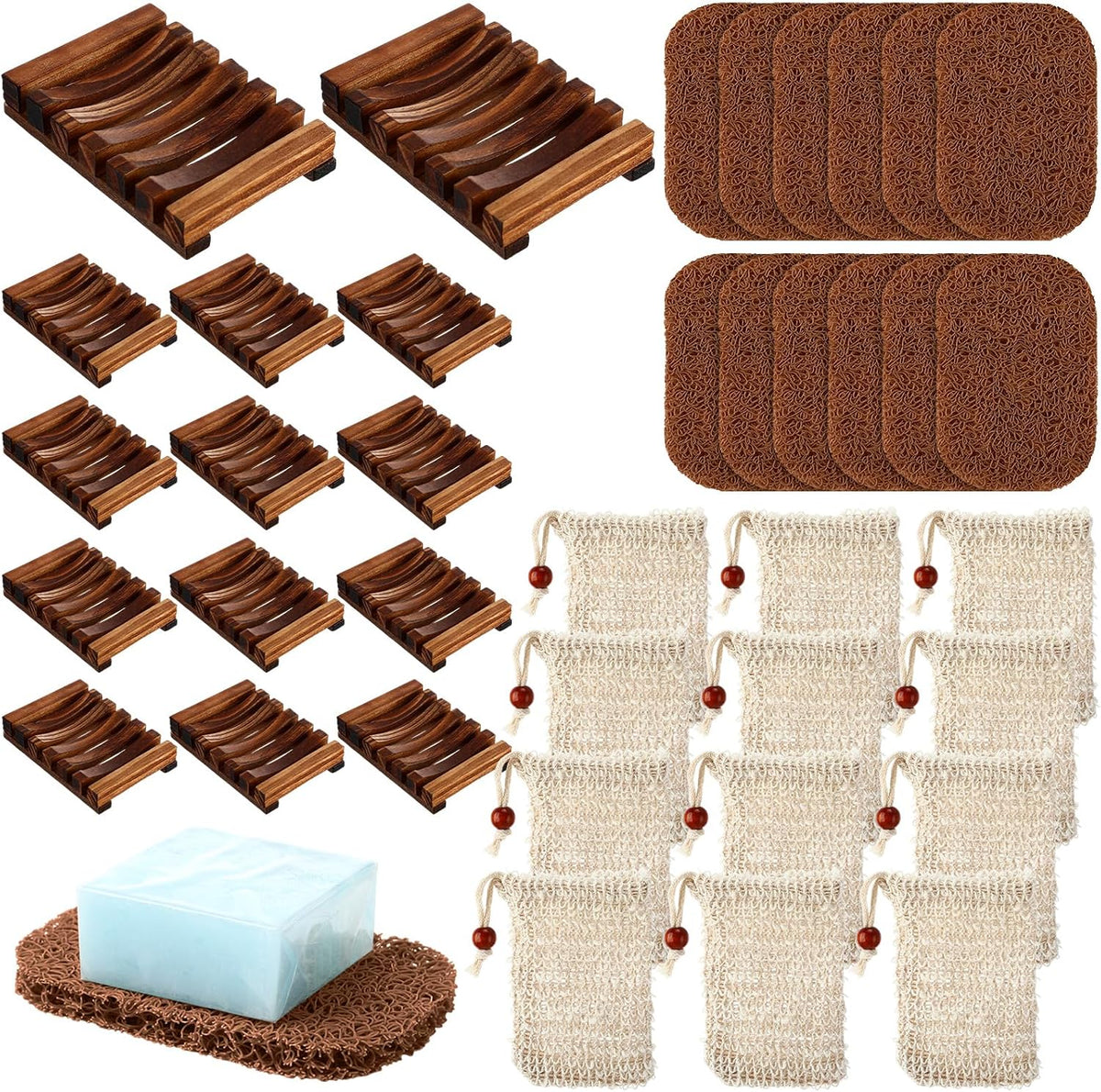 Baderke Soap Saver Wooden Dish Holder Bag and Pads, Brown Color, 36 Pcs