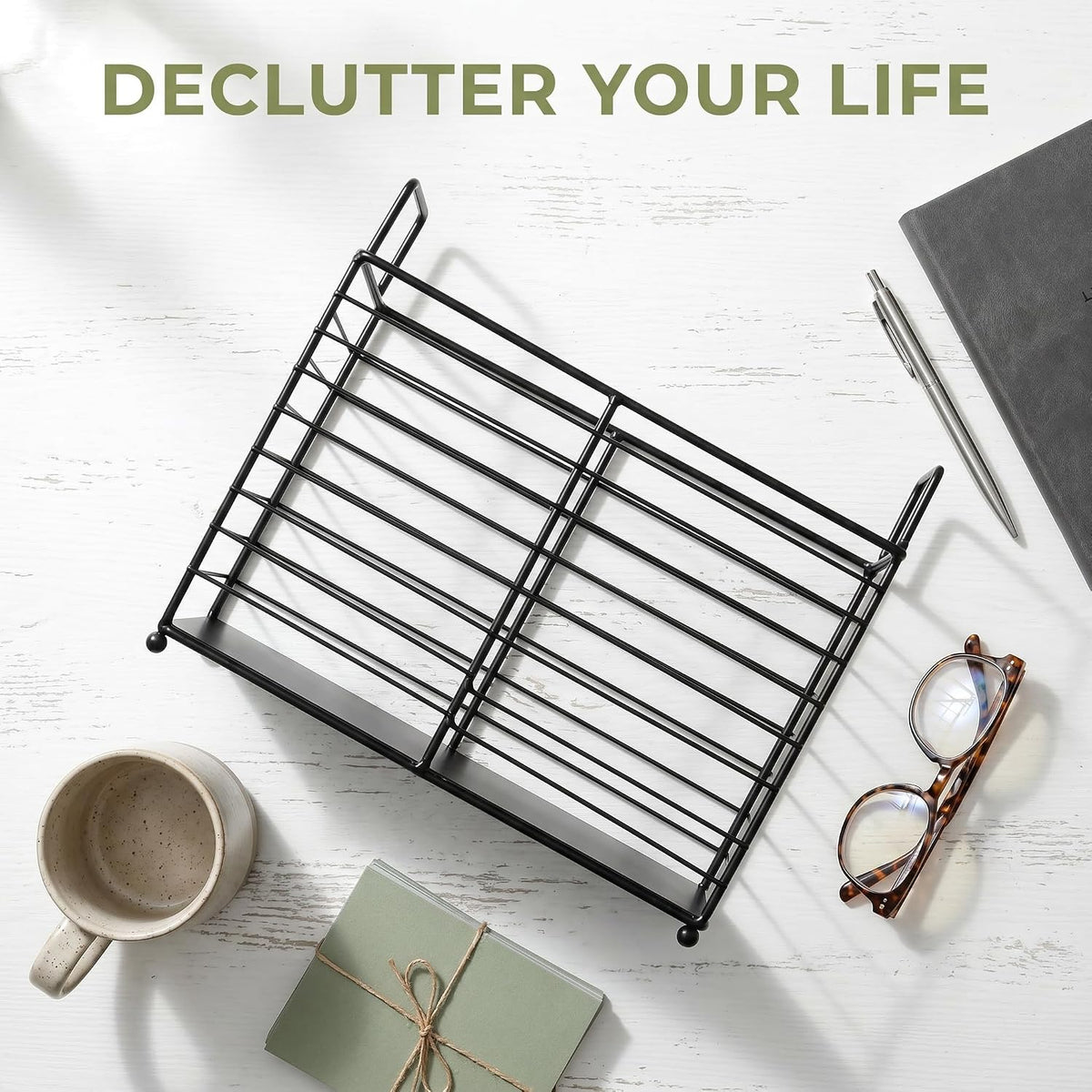 Noamus Metal Magazine Rack, Newspaper Book Tablet Storage Basket, File Holder Mail Organizer Bin with Handles, Iron Wire Black Folder Stand Holder for Home Office Bathroom Bedroom Den Living Room