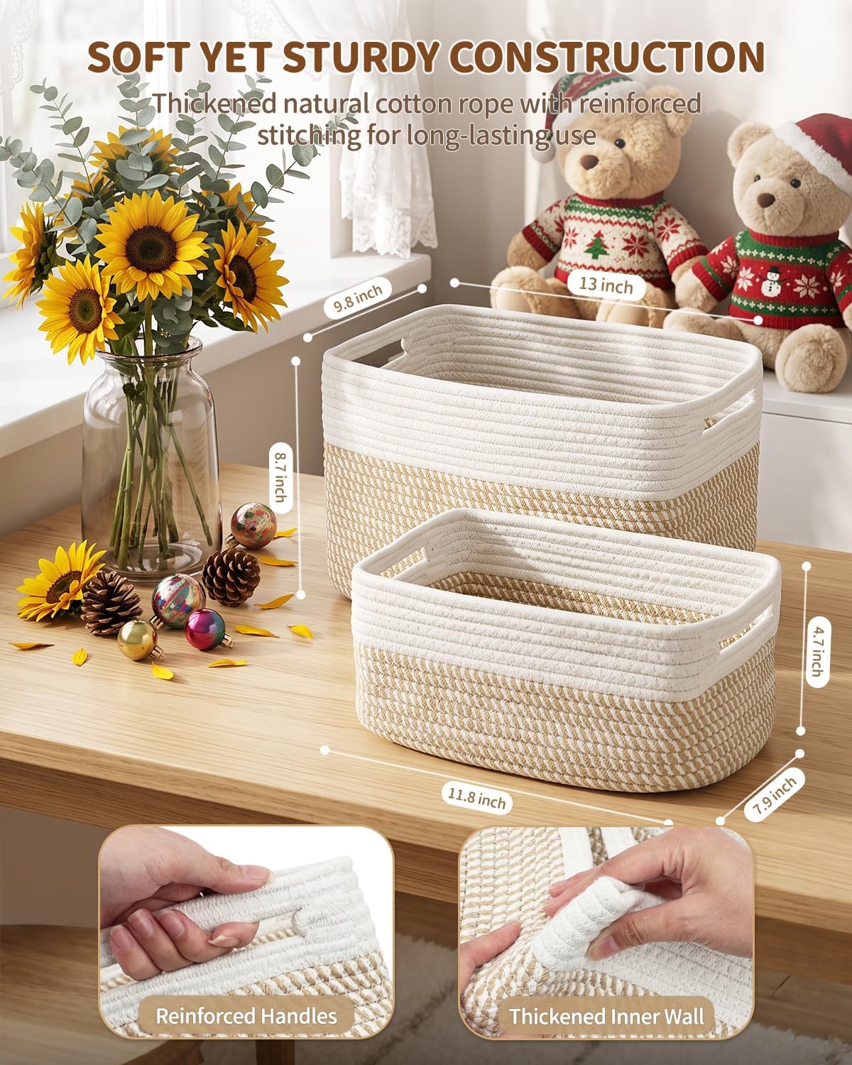 4 Large & 2 Small Woven Storage Basket for Organizing with Handles