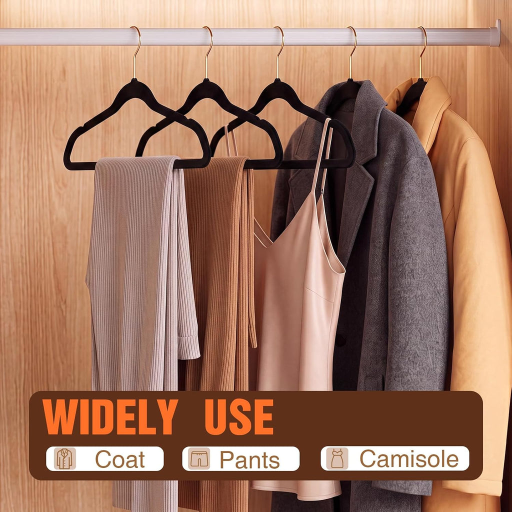 Flottian 60 Pack Black Velvet Hangers Non Slip,Felt Hangers with Gold Hook