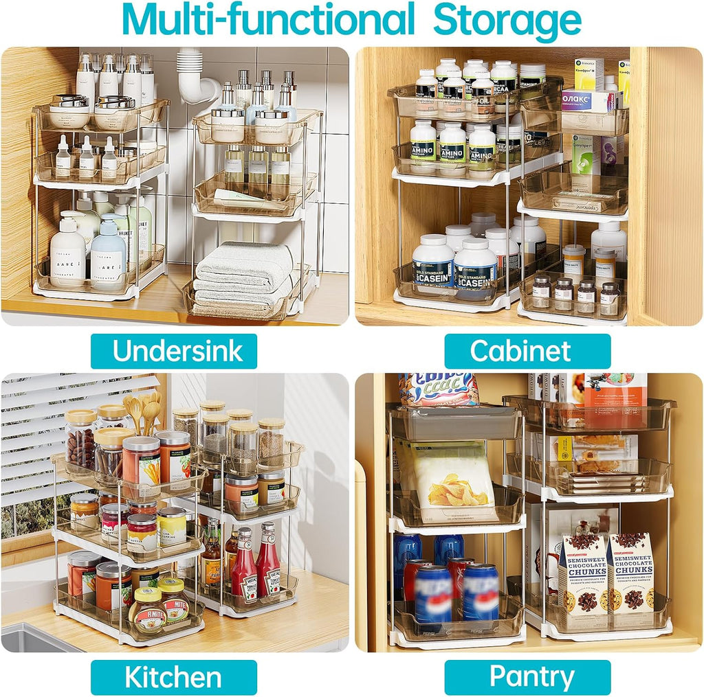 Delamu 2 Pack 3-Tier Bathroom Under Sink Organizers and Storage, Multi-Purpose Stackable Pantry Organization and Storage, Pull Out Clear Kitchen Bathroom Cabinet Organizer with Movable Dividers, Amber