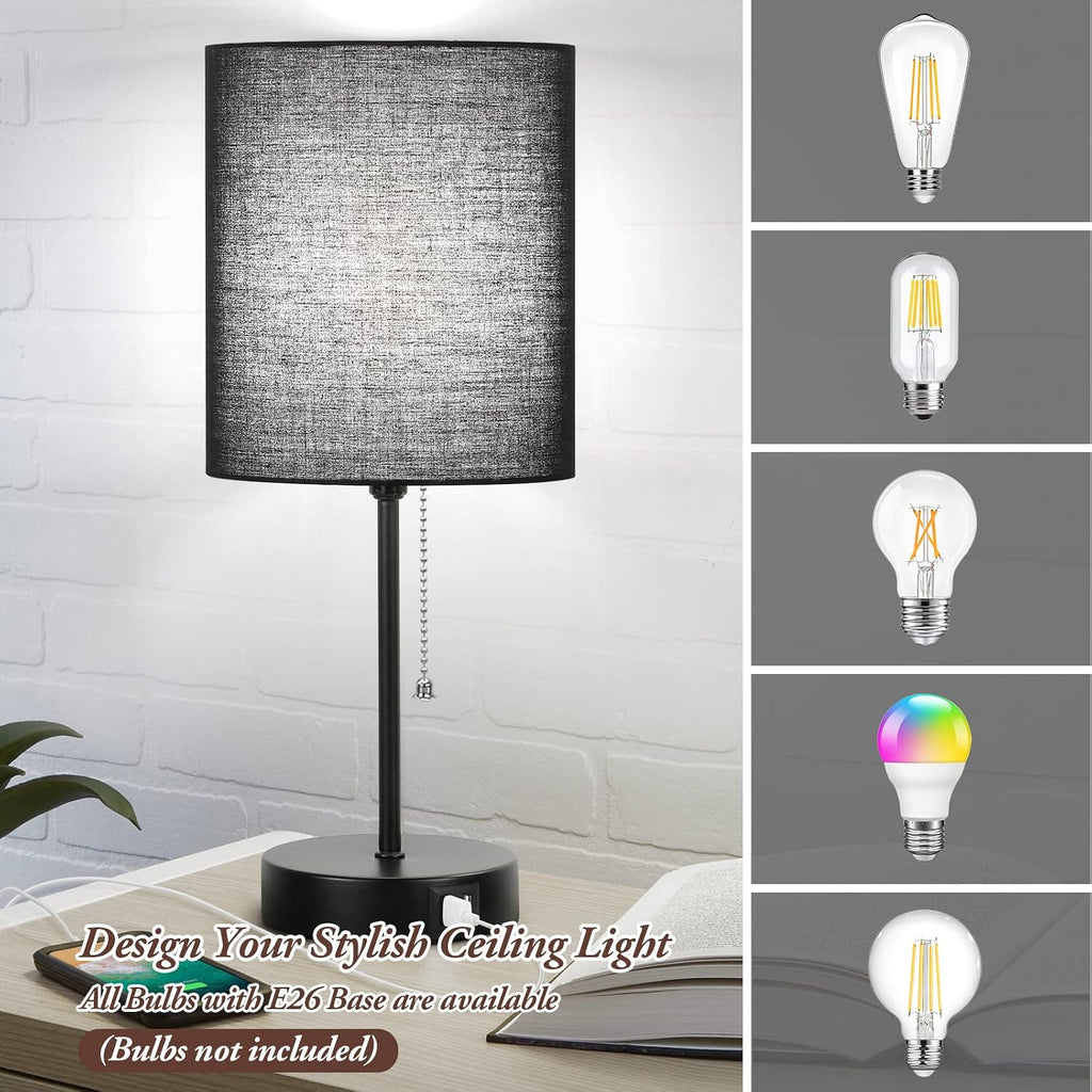Bedside Table Lamps Set of 2 with USB Charging Ports and AC Outlet, Black