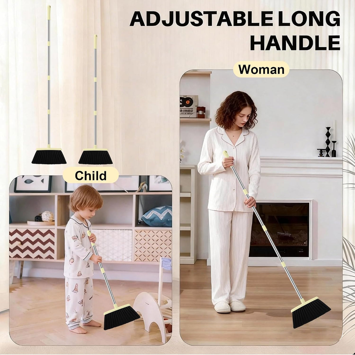 BSKLIN Broom and Dustpan Set for Home, 52" Long Handle Broom Set with Dustpan Teeth to Clean Hair Sweeping Indoor and Outdoor (Yellow)