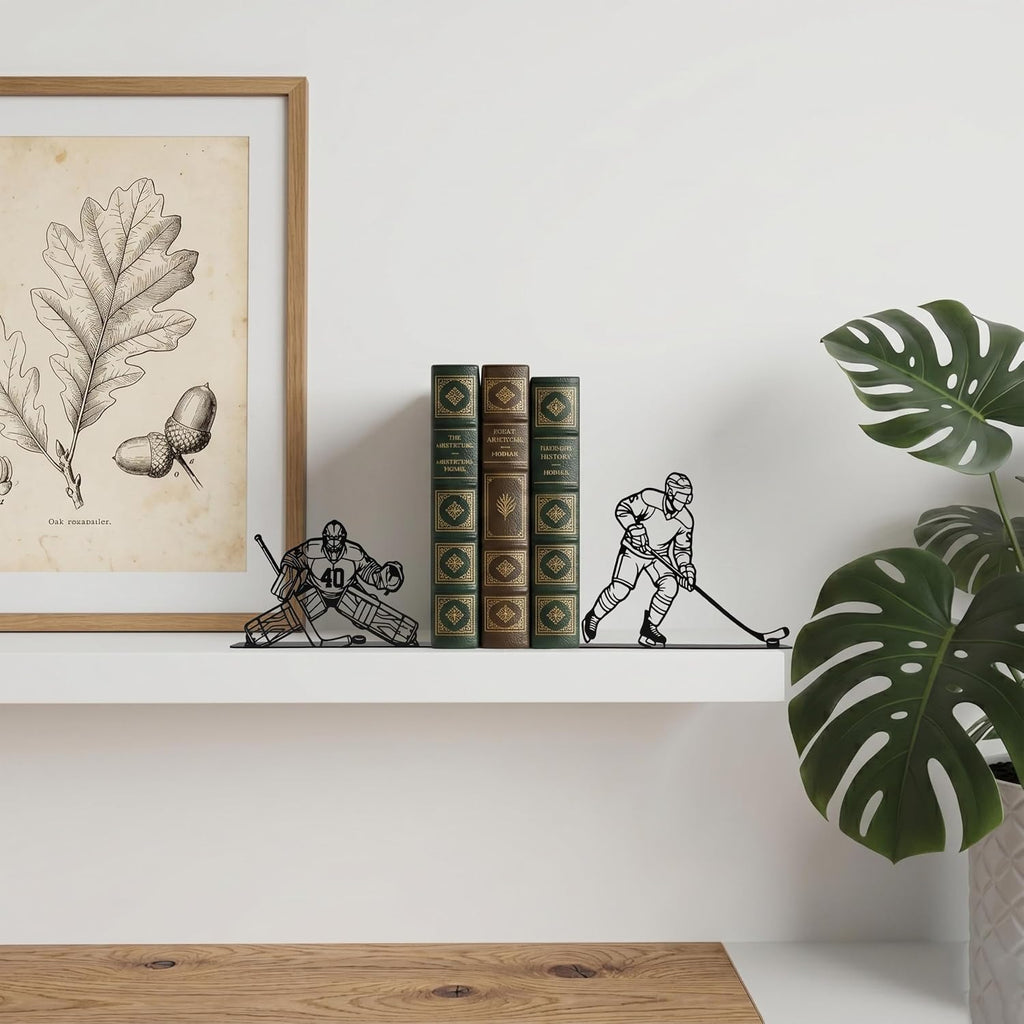 Ice Hockey Metal Bookends, Heavy Duty Book Ends for Shelves, Decorative Hockey Book Holders for Office Home Library, Sports Decor Gift for Hockey Fans Boys Kids Room