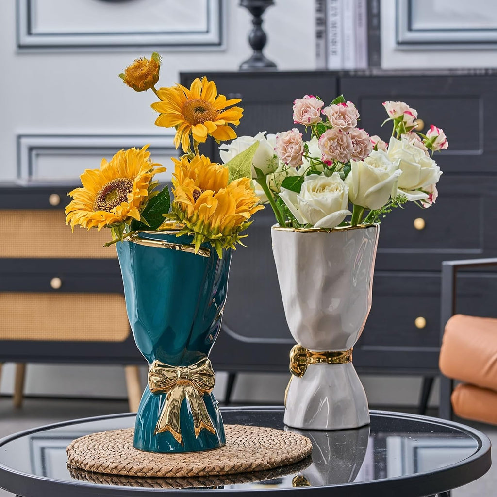 White and Gold Vase, Bow Vase for Home Decor