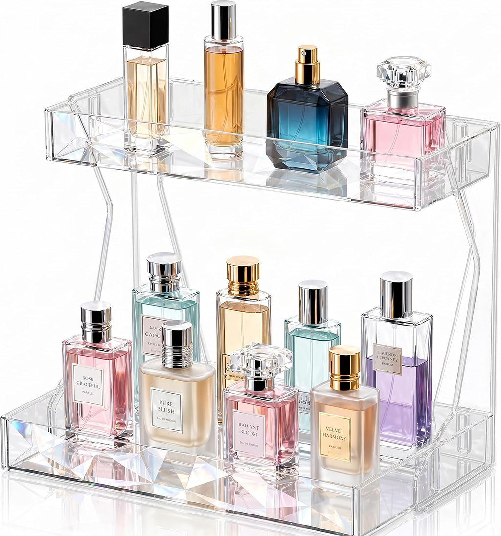 Perfume Organizer for Vanity, Premium Clear Acrylic Makeup Organizer Countertop with Non-Slip Trays, Easy 30-Second Assembly, organizador de maquillaje (Crystal Clear)