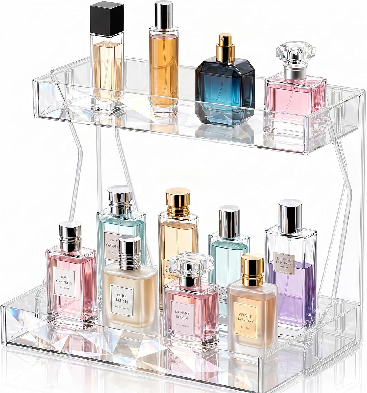Perfume Organizer for Vanity, Premium Clear Acrylic Makeup Organizer Countertop with Non-Slip Trays, Easy 30-Second Assembly, organizador de maquillaje (Crystal Clear)