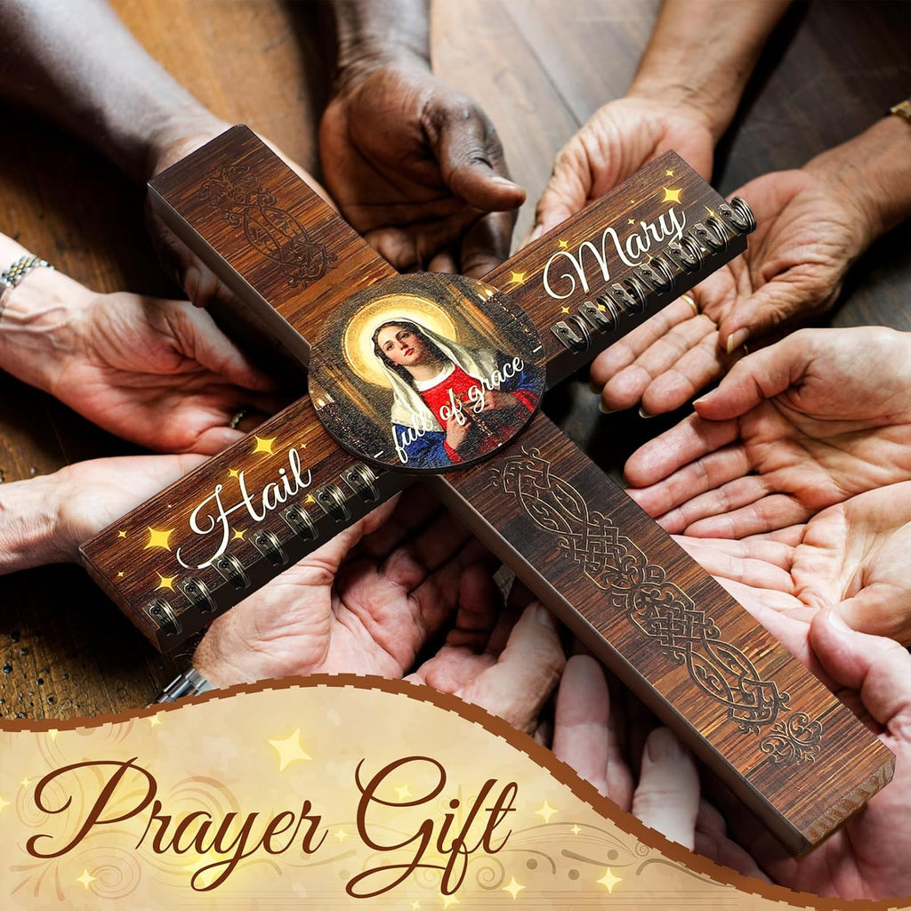 Yaomiao 16 x 12 Wooden Rosary Holder Cross Wall Mounted with 14 Hangers
