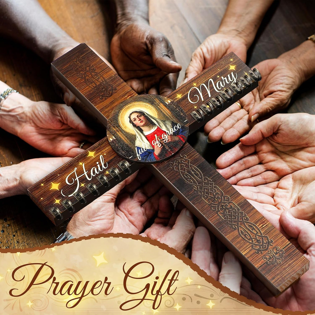 Yaomiao 16 x 12 Wooden Rosary Holder Cross Wall Mounted with 14 Hangers
