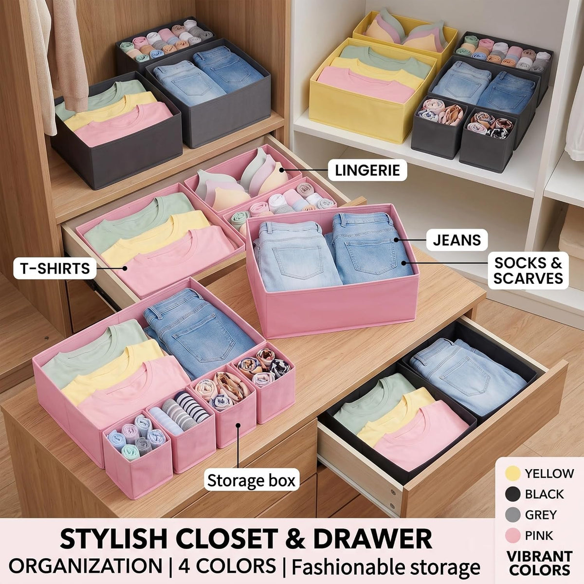 Drawer Organizer for Clothes, 8 Pack Pink Fabric Dresser Organizer Bins
