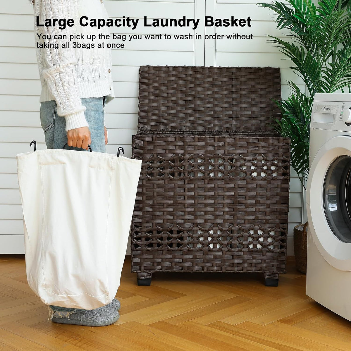OIAHOMY Laundry Hamper with Lid, 140L Clothes Hamper with 3 Removable Liner Bags, Foldable Basket with Lid, Synthetic Wicker Laundry Basket for Bedroom, 27x 13 x 26 Inches, Brown