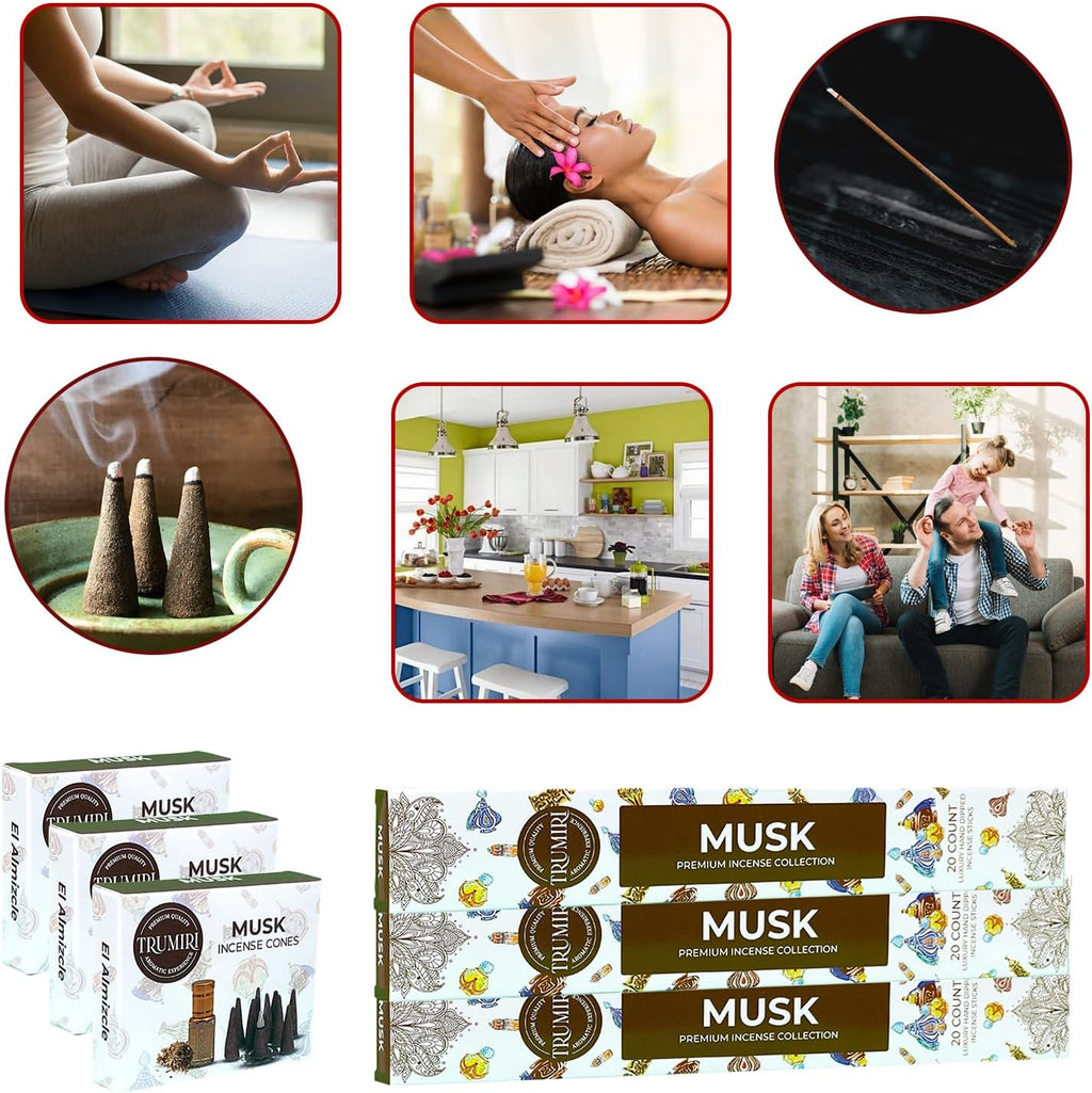 Musk Incense Sticks & Incense Cones Combo Pack - 60 Insence-Sticks + 30 Insence Cones - Inscense - Incense Cones Scented - Insents