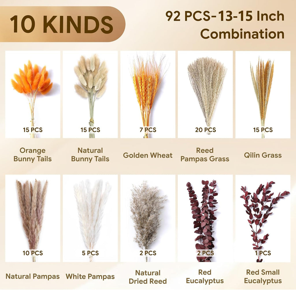 Bpole Fall Dried Flower Bouquet,92Pcs13-15inch Boho Pampas Grass Fall Decor