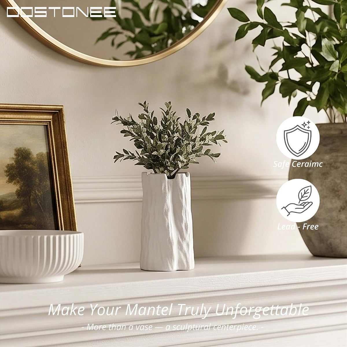 Small White Ceramic Unique Vase - Organic Nature Shape for Boho Home Decor, Flower Vase for Living Room, Entryway Table Decor, Bookshelf Decor (7.5 inch