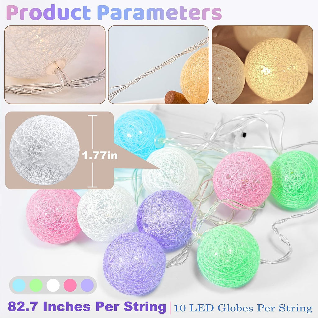 Anordsem Battery String Light Indoor: 6.88Ft/10 LED Cotton Ball Lanterns 2 Pack - Fairy Macaron Color Lighting Hanging Deco for Bedroom Party - Birthday Gifts for Babies Adults 25-50