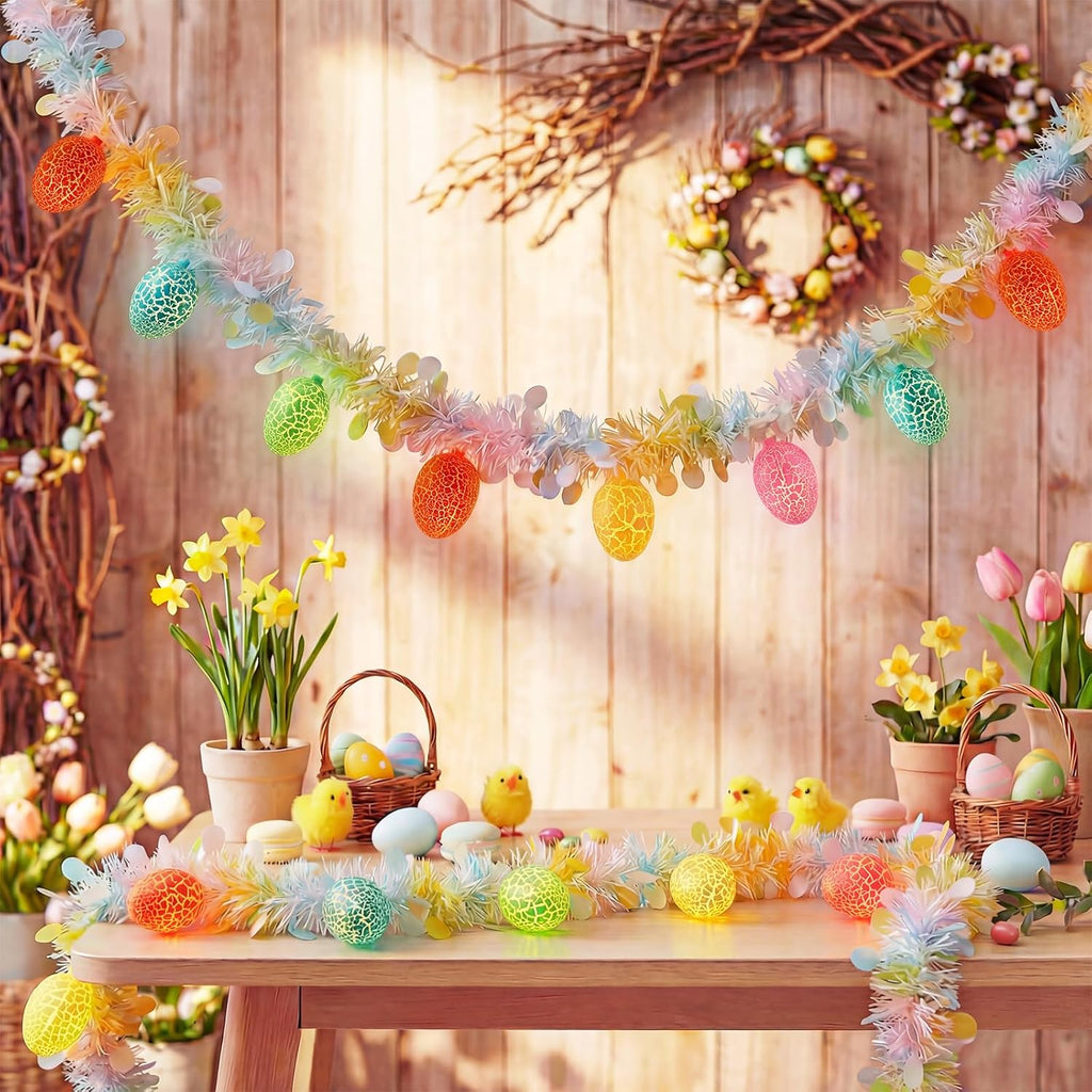 Easter Cracked Egg String Lights, 8.5Ft Plug in Easter Egg Garland with 10 LED Multicolored Cracked Eggs, Tinsel Garland Decor for Home Bedroom Garden Party Indoor Outdoor Decorations