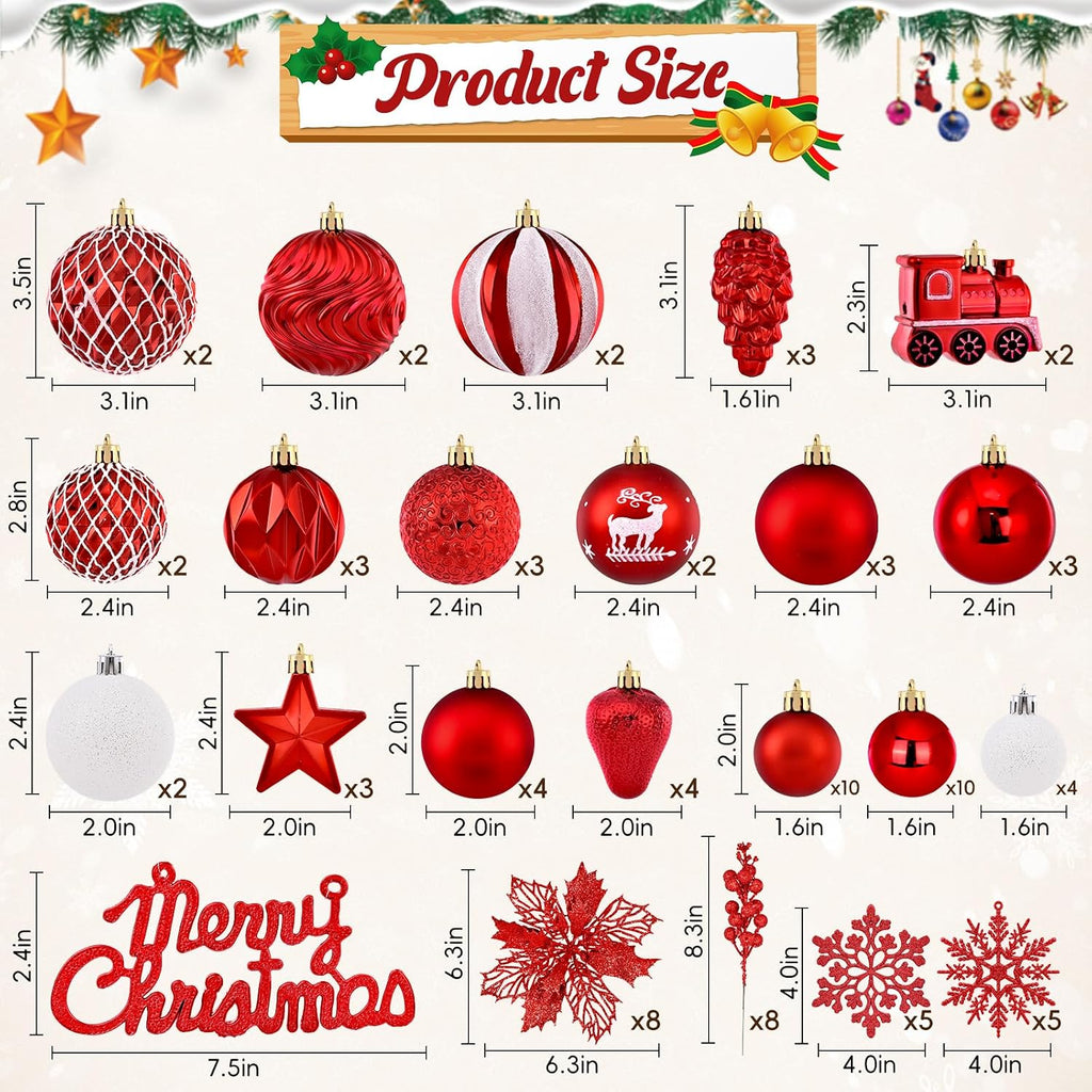 Ktinnead 94 Pcs Christmas Tree Decorations Set, Red Shatterproof Christmas Tree Hanging Ball Ornaments with Glitter Poinsettia Flowers Decorations Berries Snowflakes for Xmas Party Holiday Wedding
