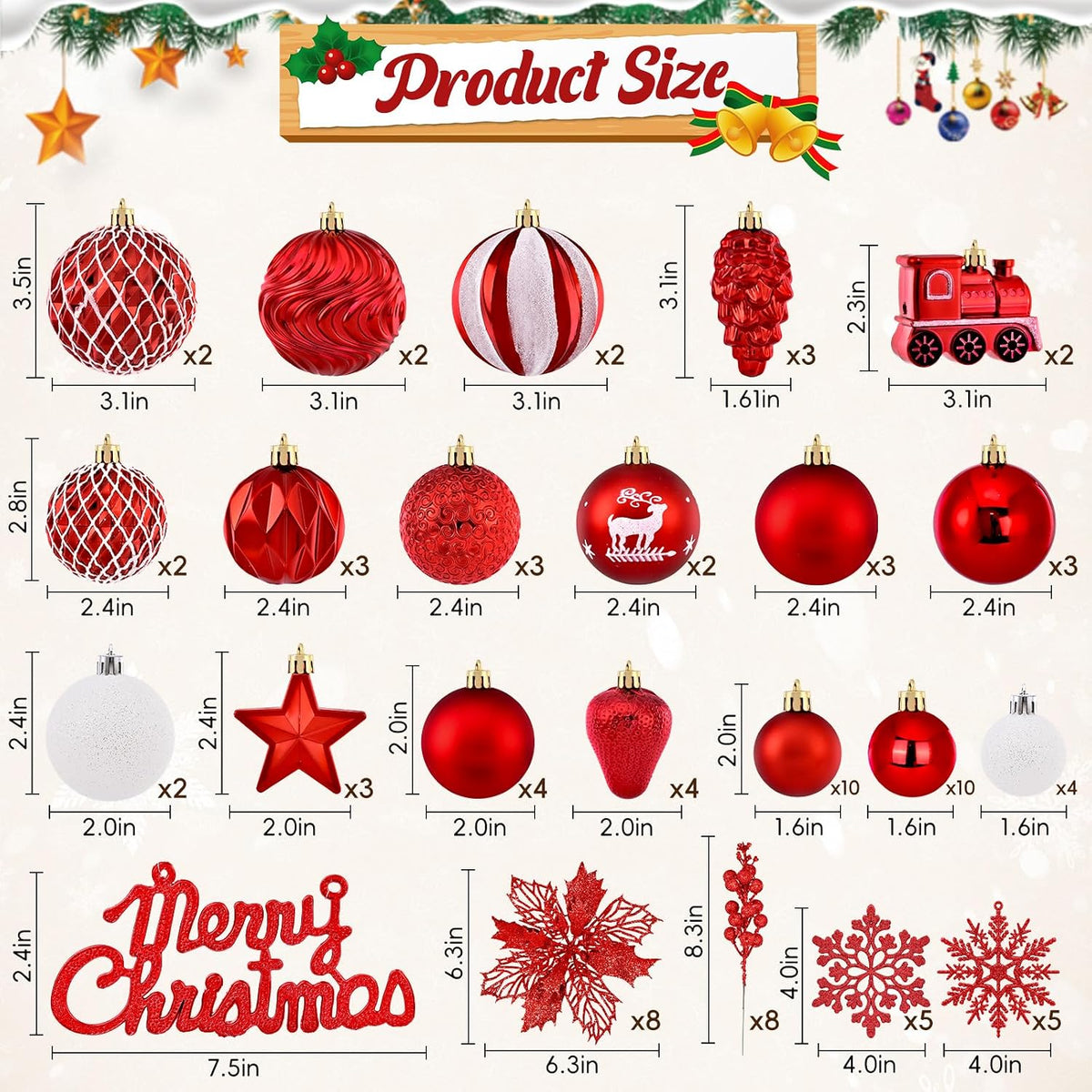 Ktinnead 94 Pcs Christmas Tree Decorations Set, Red Shatterproof Christmas Tree Hanging Ball Ornaments with Glitter Poinsettia Flowers Decorations Berries Snowflakes for Xmas Party Holiday Wedding