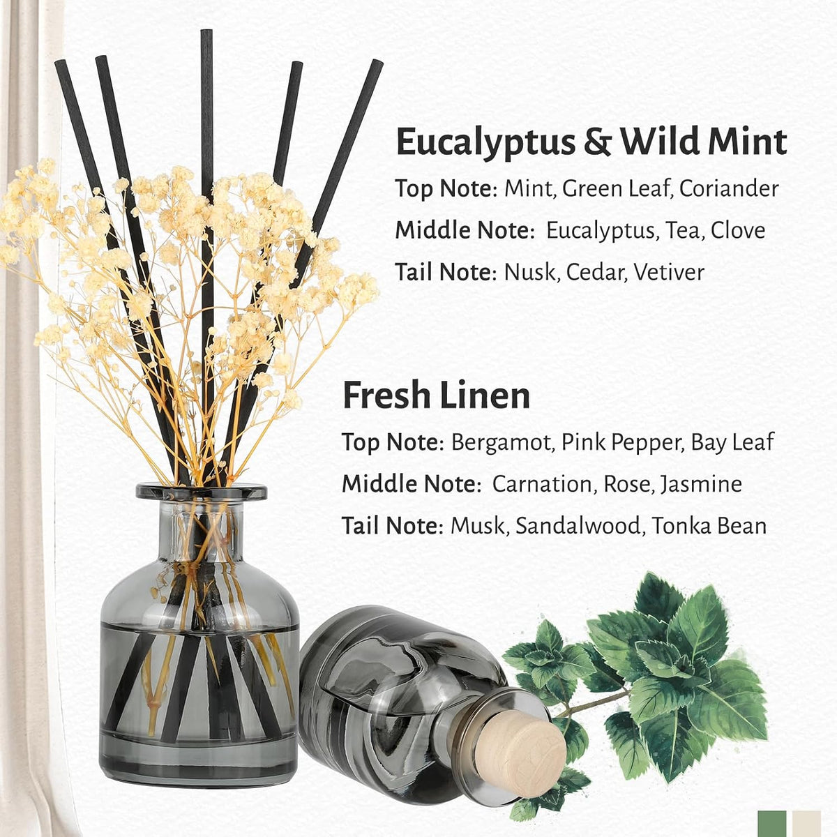 Brakula 2 Pack Reed Diffuser, Fresh Linen + Eucalyptus & Wild Mint, 3.38 oz