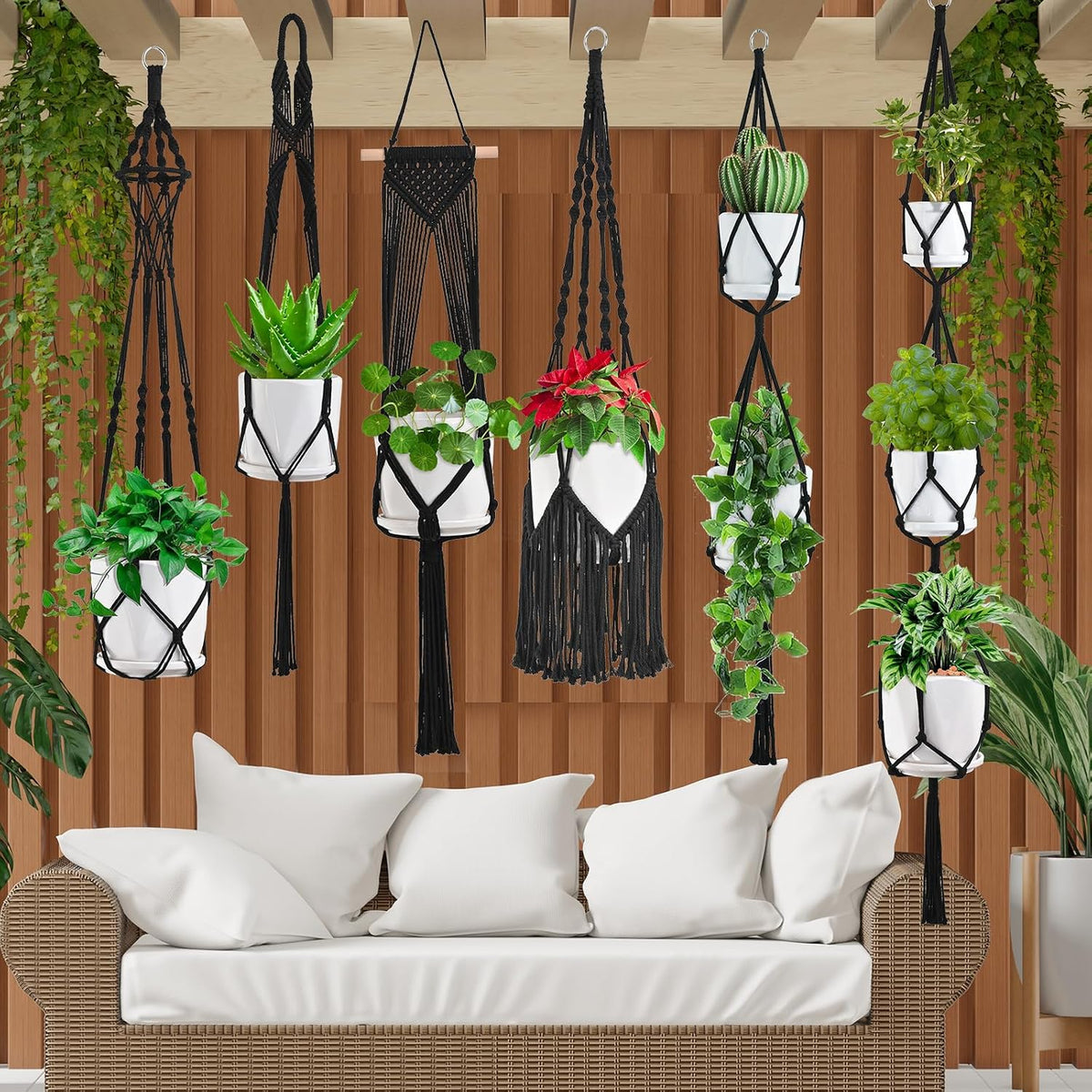 Macrame Plant Hangers, 6Pack Hanging Plant Holders Indoor, Black