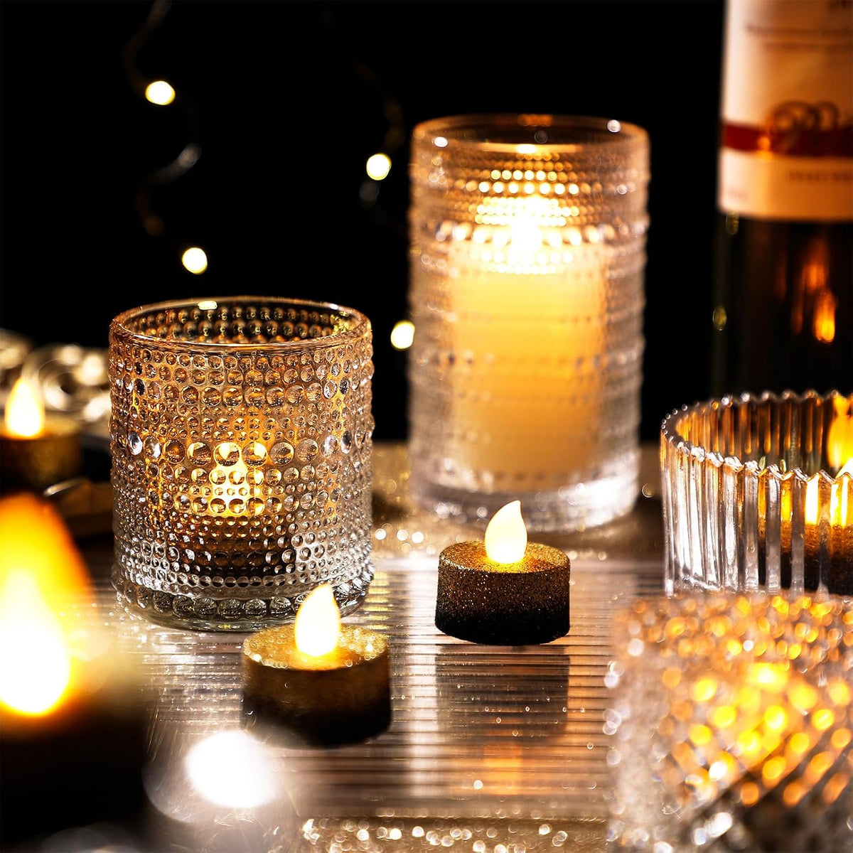 Rossesay 24 Pcs Black Gold Flameless LED Tea Lights Glitter Candles