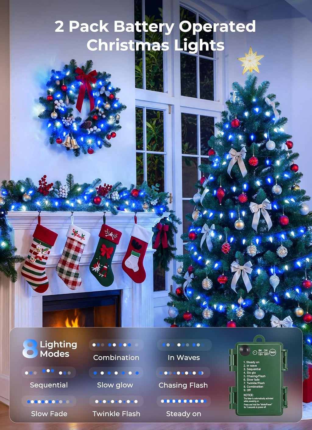 2 Pack Total 100 LED C6 Battery Operated Christmas Lights Blue & White