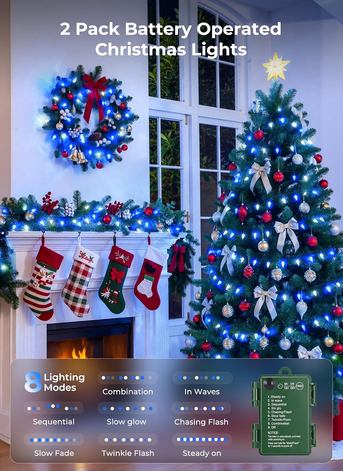 2 Pack Total 100 LED C6 Battery Operated Christmas Lights Blue & White