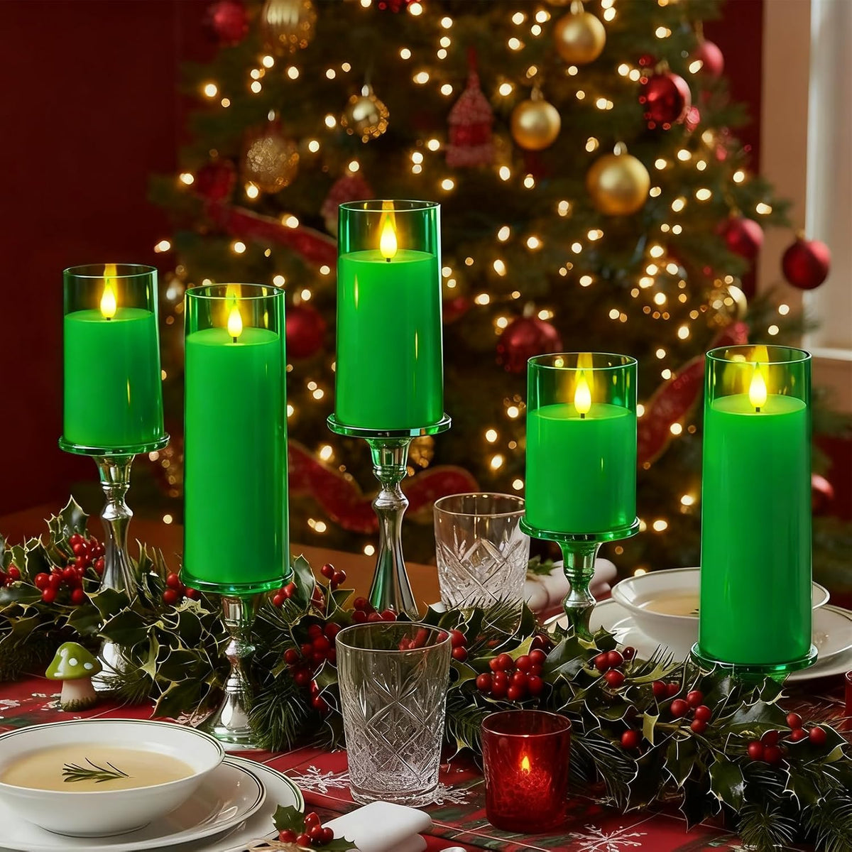 Raycare Battery Operated Flameless Pillar Candles with Remote Timer, Green