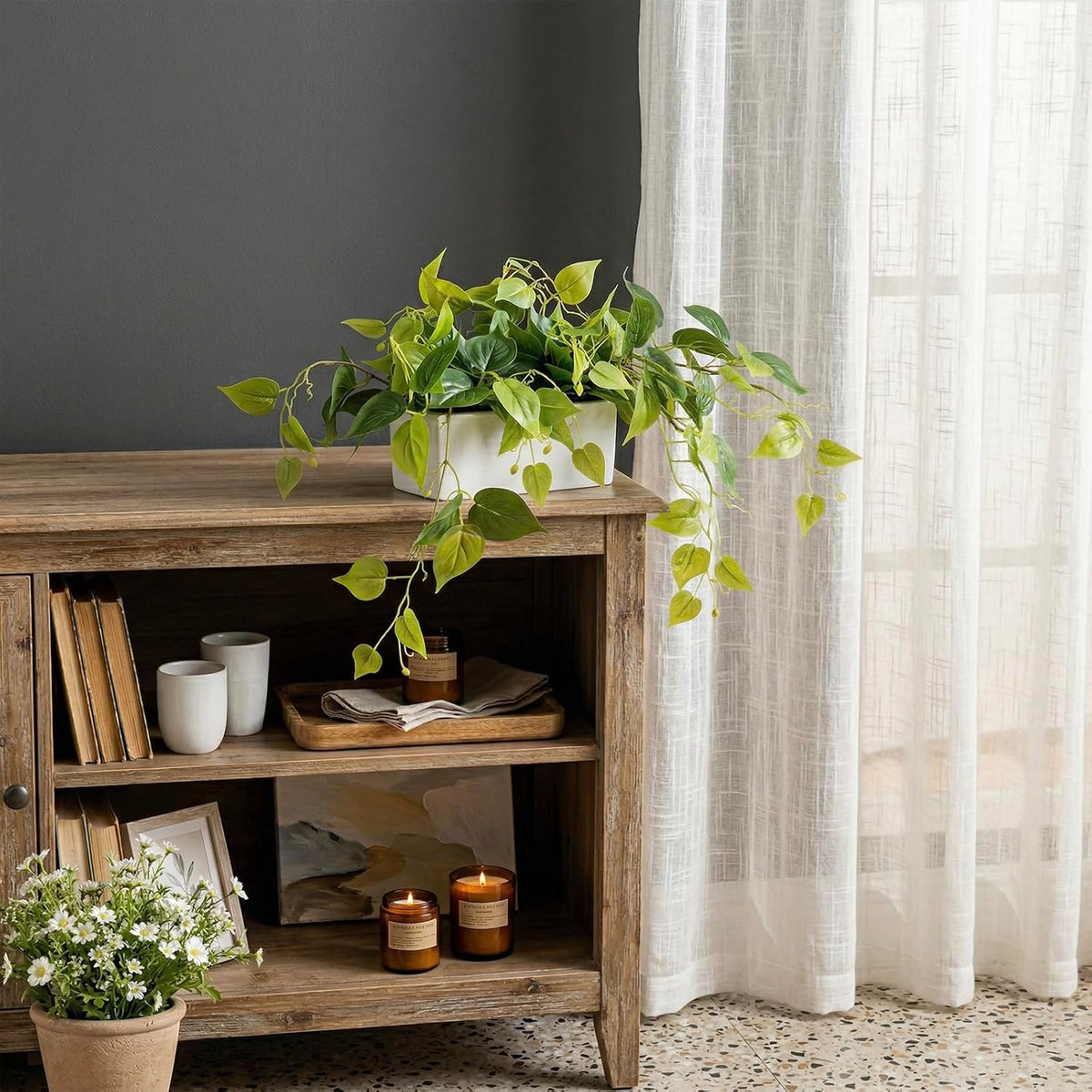 MyGift Vibrant Lifelike Artificial Plant Pothos Leafy Vine Greenery in White Concrete Rectangular Planter Box