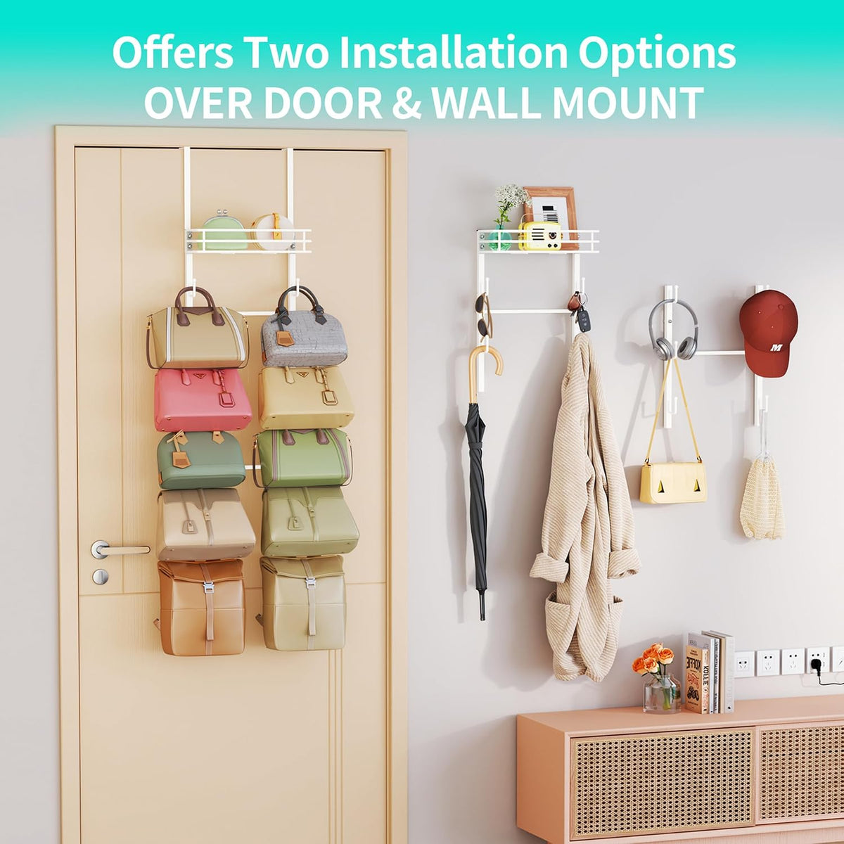 HapiRm Over the Door Purse Organizer - Wall Mounted Purse Rack with 10 Hooks and Metal Basket, Hanging Handbag Organizer Holds up to 10 Bags, Bag Rack Can Use As 1/2 Part, for Door, Closet (White)