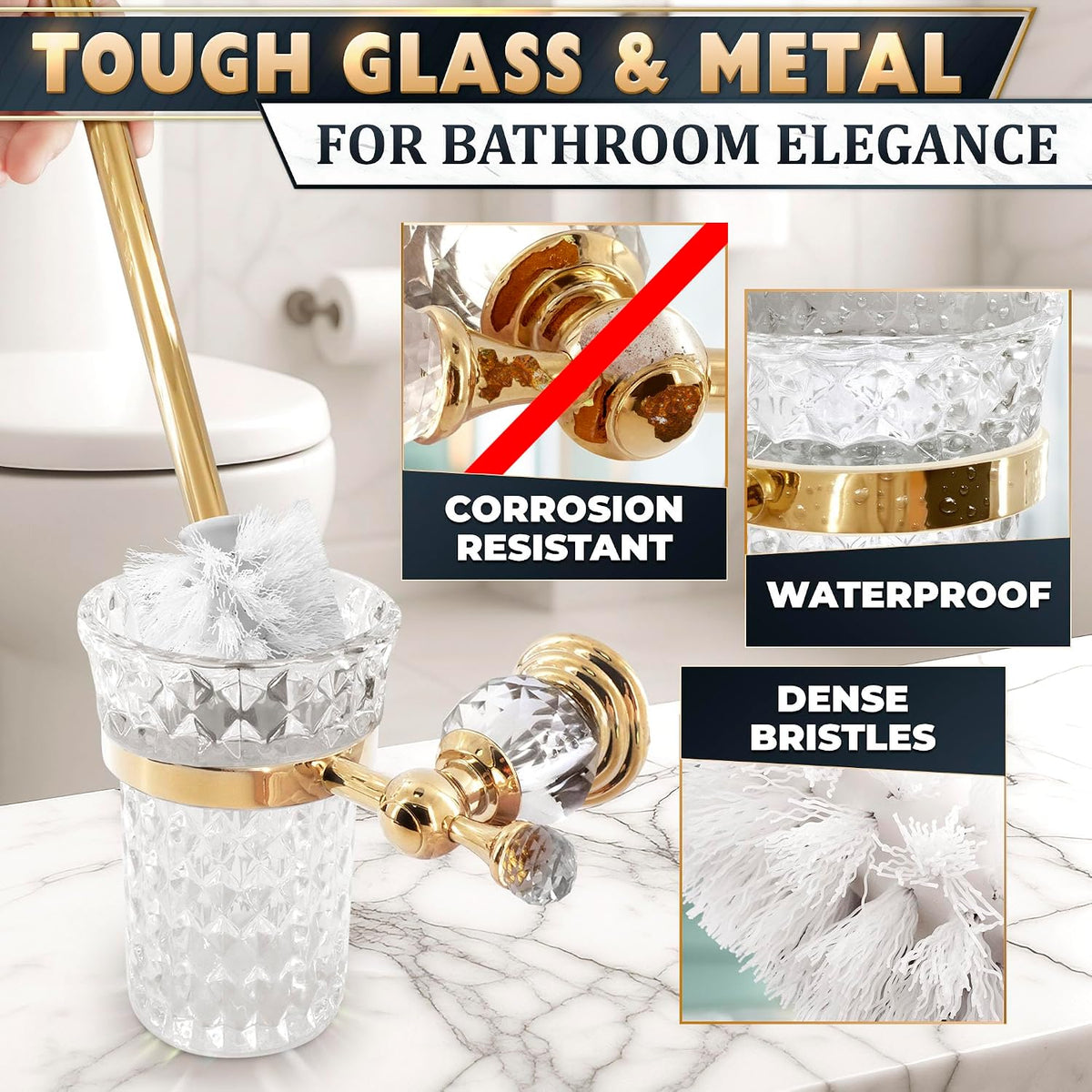 Gold Toilet Brush and Holder Set, Wall Mounted, Crystal Clear Glass Bowl