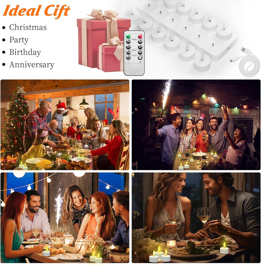 12PCS Rechargeable Led Tea Lights Candles with Charging Base Remote & Timer