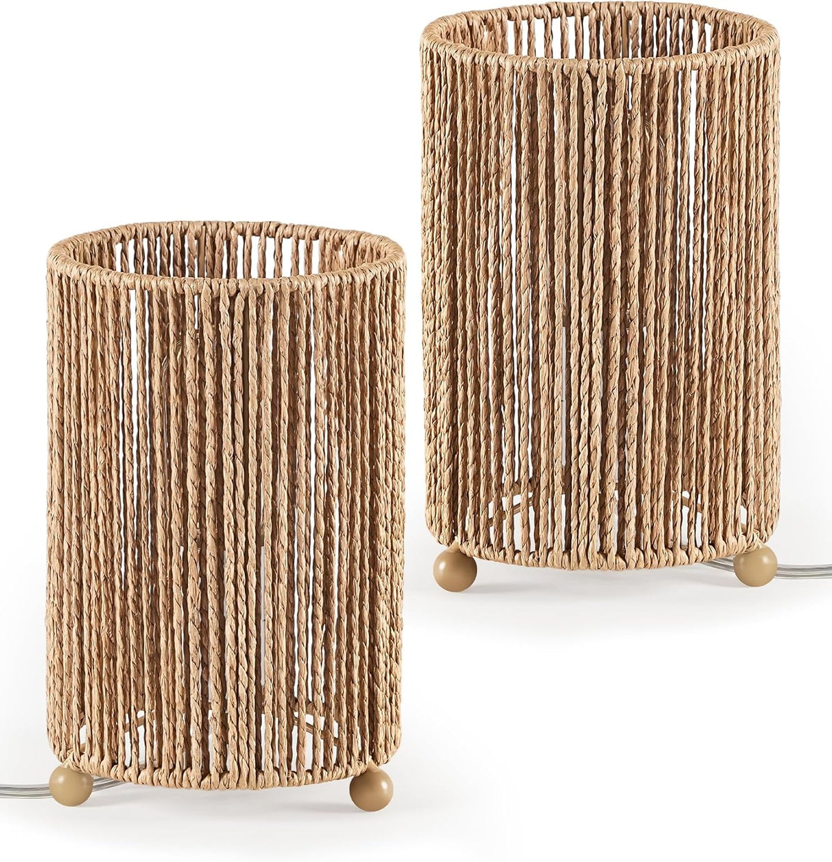 Small Rattan Table Lamps Set of 2, Boho Bedside Lamps Set of 2, Handwoven Paper Lampshade, 4W 2400K LED Bulb Included, Boho Desk Lamp, Nightstand Lamp for Bedroom, Living Room, S11TLP205