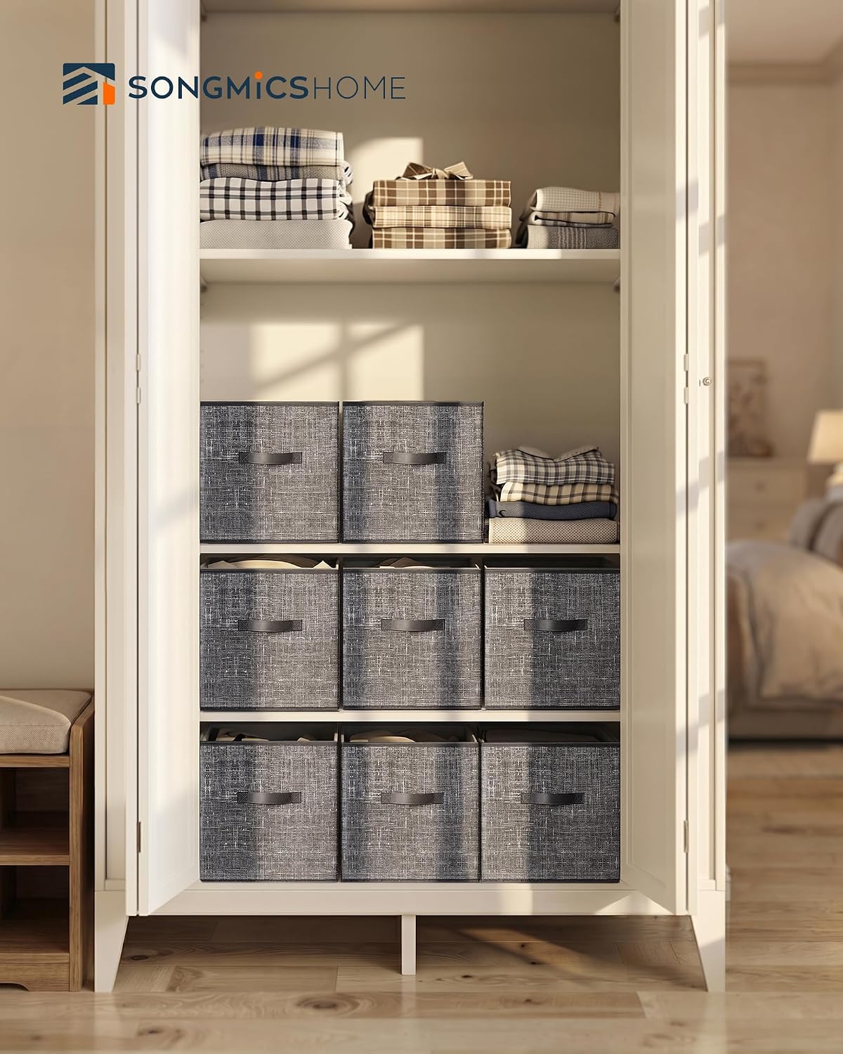 SONGMICS HOME Foldable Storage Cubes Set of 8, Fabric Shelf Organizer Bins with Handles, Closet Storage Boxes for Clothes, 13.2 x 13.2 x 13.2 Inches, Gray