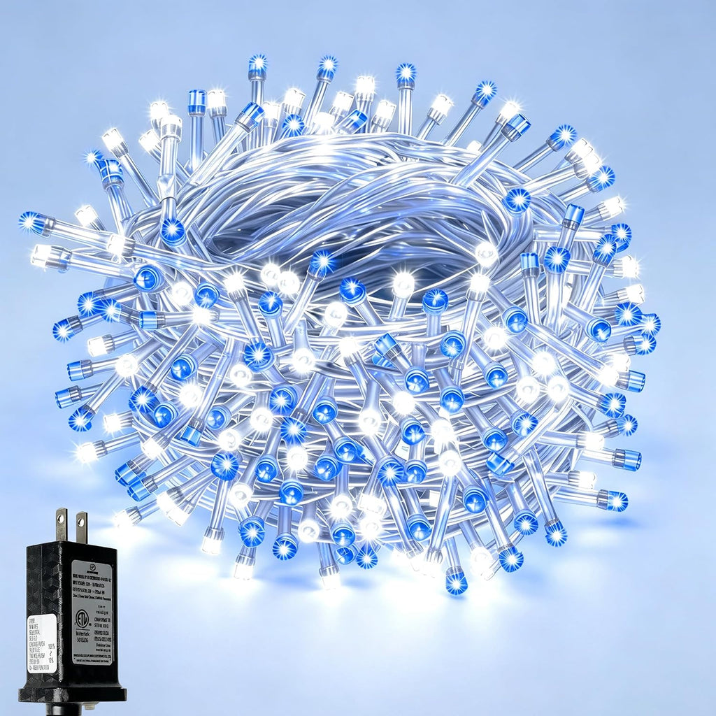 WISD Christmas Lights 108ft 600LED Fairy String Lights with 8 Modes and Memory, Plug in String Lights for Indoor Outdoor Christmas Tree Home Garden Wedding Party Decoration, Blue+White