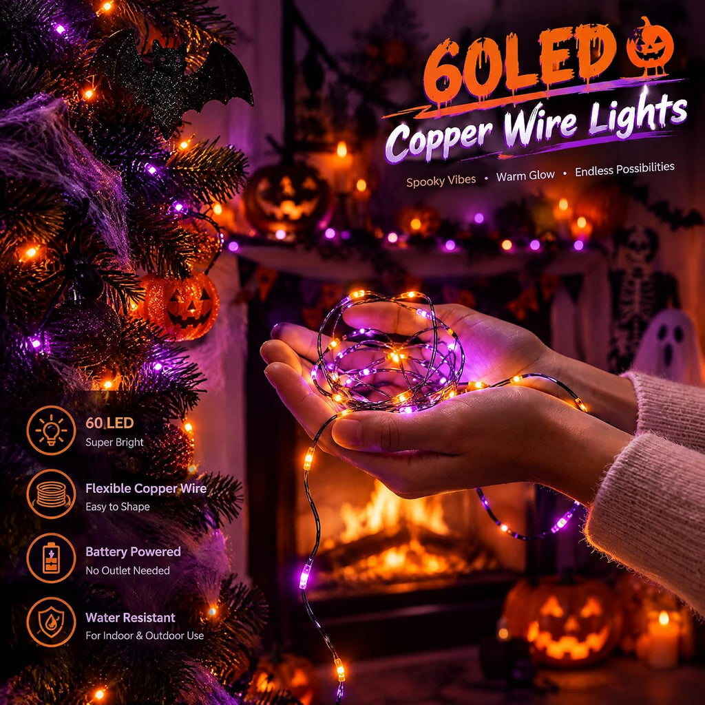Dazzle Bright Purple and Orange Halloween Fairy String Lights, 4 Pack Total 80FT 240LED Copper Wire Battery Operated Waterproof Lights, Halloween Decorations for Indoor Home Patio Yard Party Decor