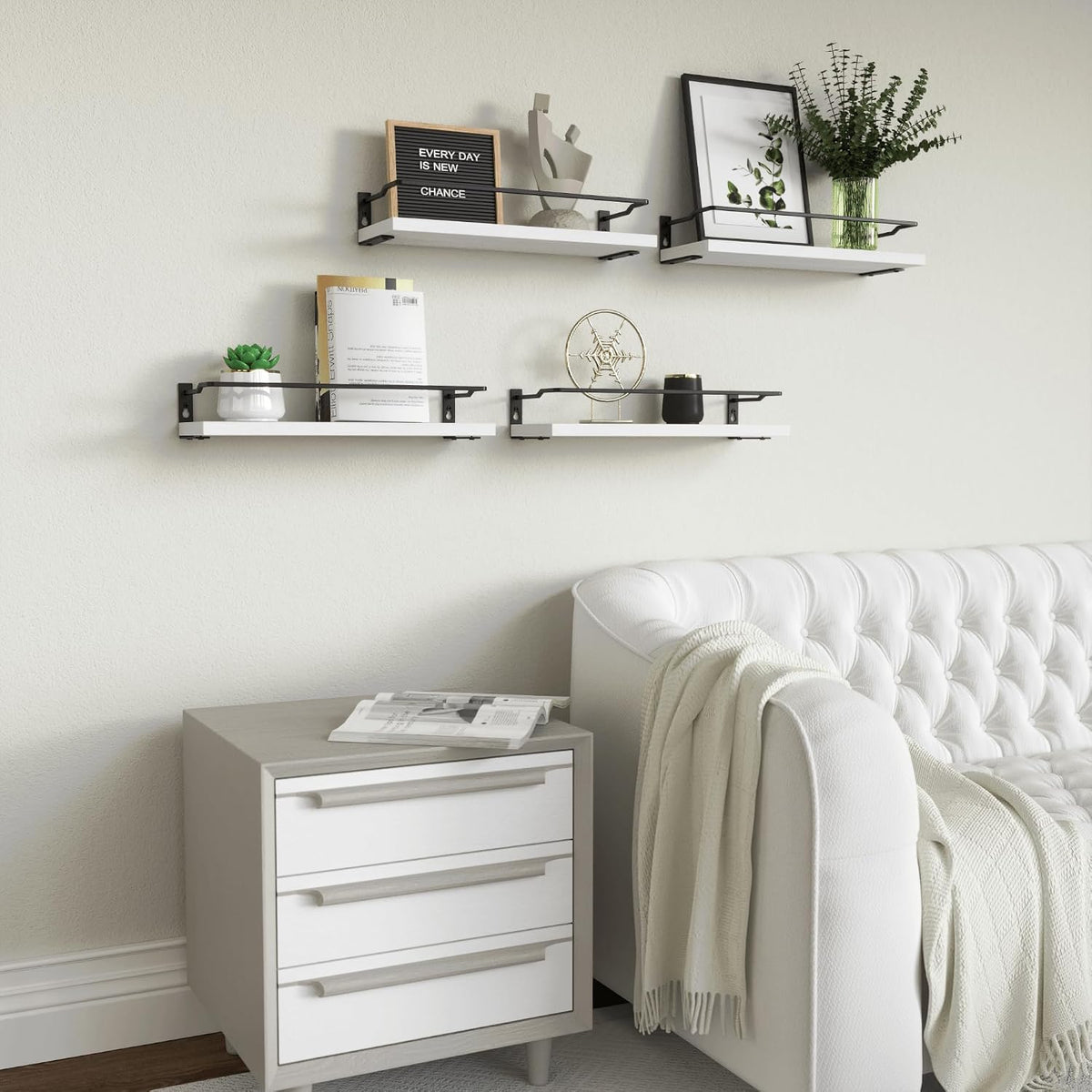 RICHER HOUSE White Bathroom Floating Wall Shelf Set of 4, Small Organizer Over Toilet Storage, Guard-Rail Kitchen Shelves - White