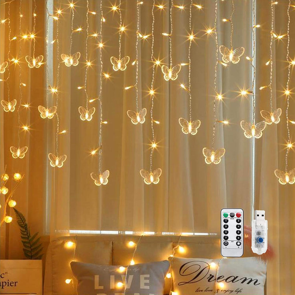 Butterfly Curtain Fairy String Lights, 120LED 8 Modes USB Powered Timer Firefly Twinkle Light with Romote, 14.7FT Copper Wire Hanging Decoration for Room, Wedding, Bedroom, Party, Christmas Decor