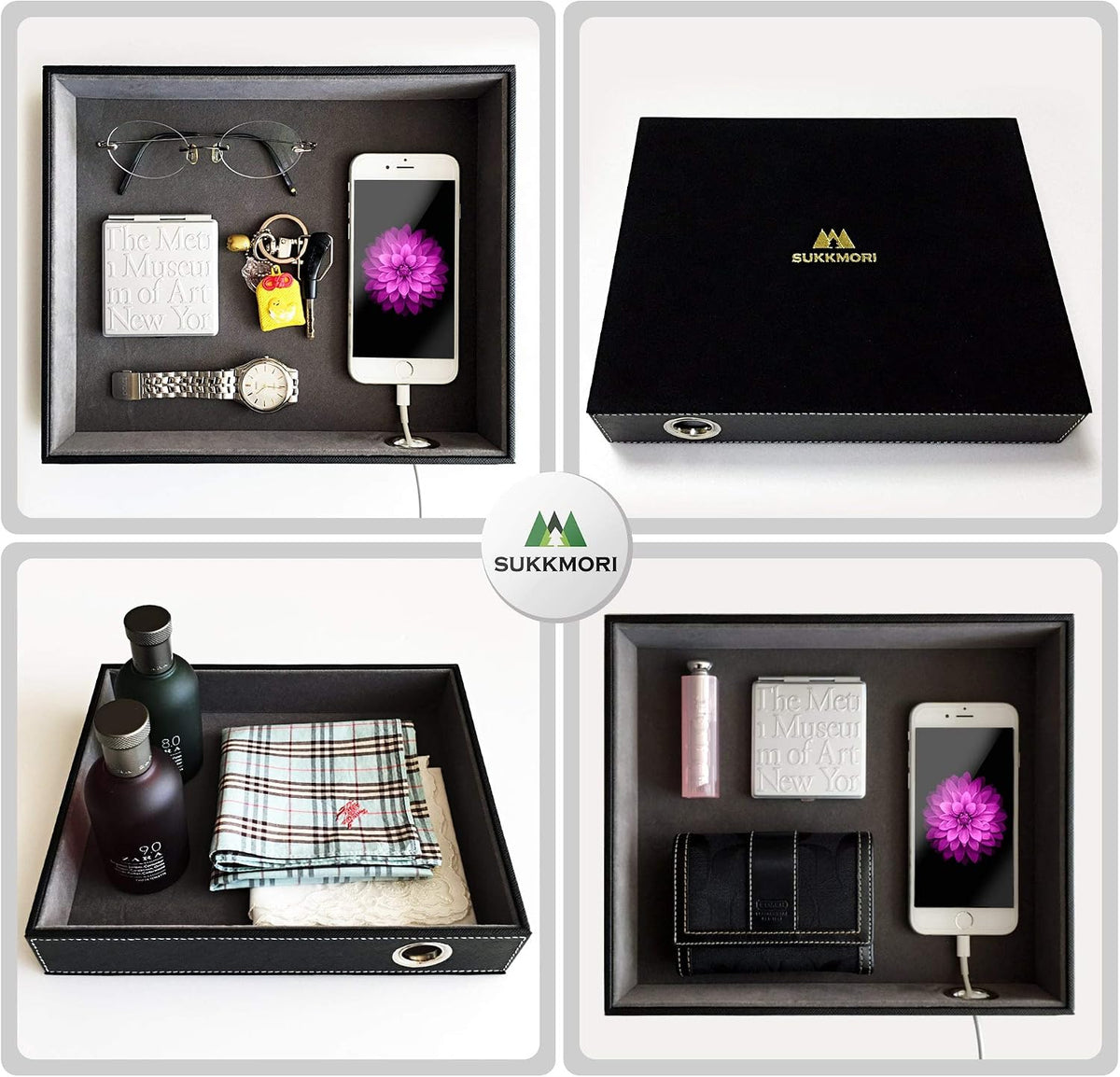 Valet Tray with Charging Station - PU Leather Nightstand Organizer for Men and Women, Desk Catchall Tray for Keys, Jewelry