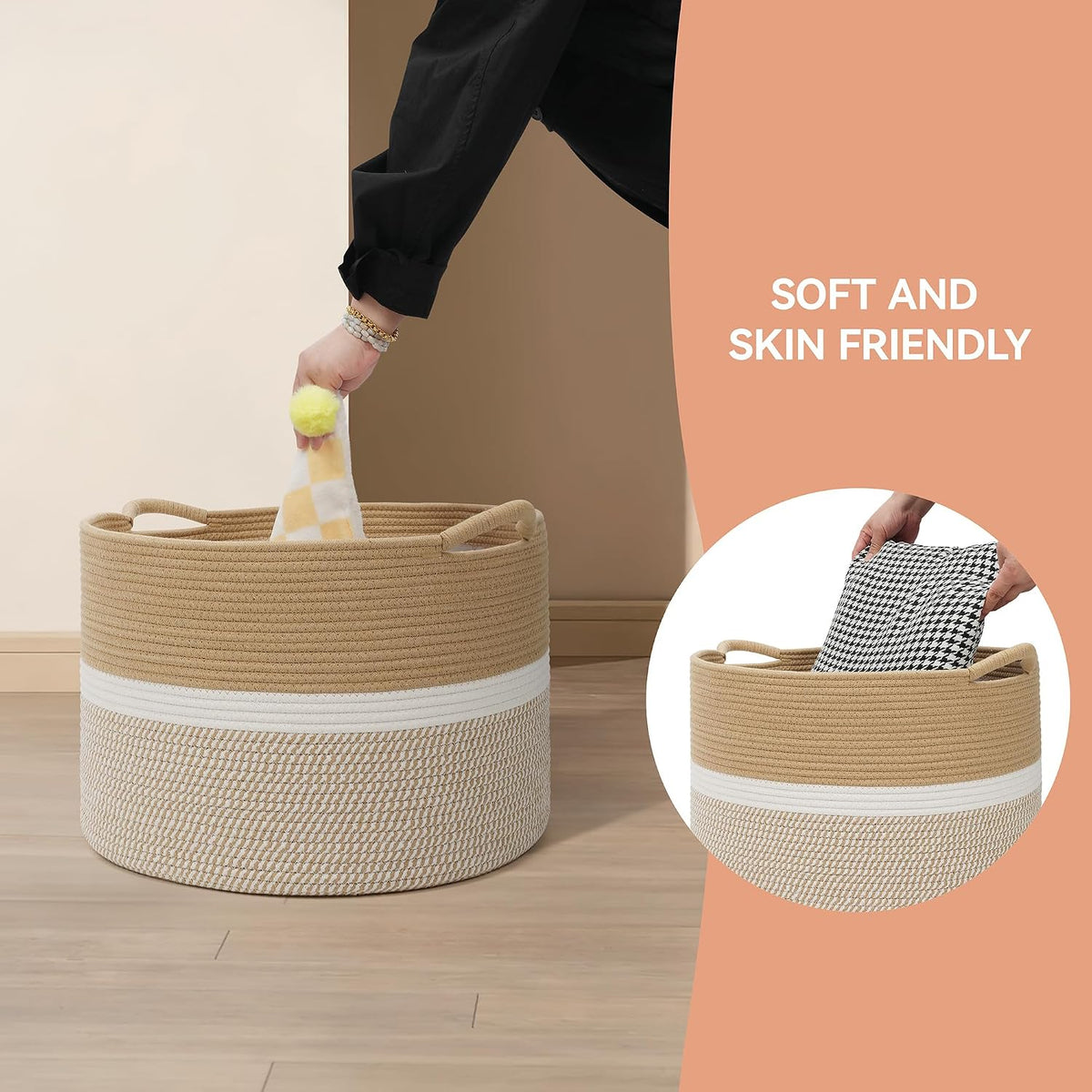 Large Blanket Basket (20"x13"),Woven Basket for Storage Dirty Clothes for Laundry, Living Room, Nursery, Bedroom Rope Storage Basket for Blankets（Double/Brown)