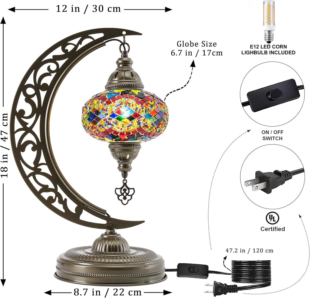 Turkish Mosaic Lamp, Crescent Moon Table Lamp, E12 Bulb Included