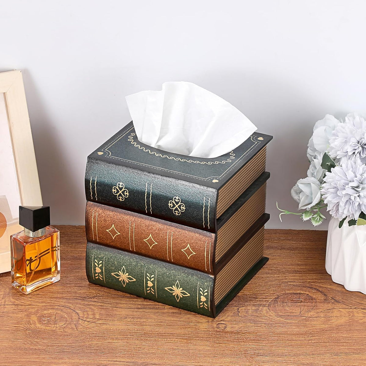 Antique Wooden Book Tissue Holder, Decorative Square Tissue Cover