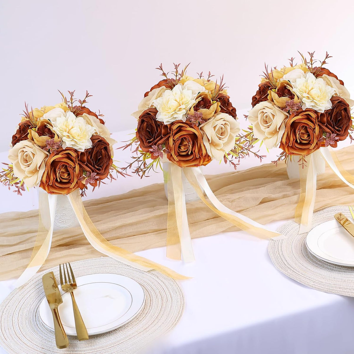 Set of 2 Bridesmaid Bouquets for Wedding - 7 Inch Artificial Flowers Bouquets for Ceremony Anniversary Centerpieces Decorations - Wildflower