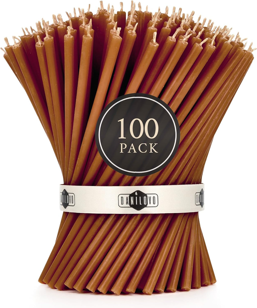Danilovo Thin Taper Beeswax Candles - No-Drip, Smoke-Less, Tall, Decorative, Honey Scented Candles Ideal for Church Prayer, Rituals, Decor or Birthday – 6.3”x0.2” (Brown, 100pcs)